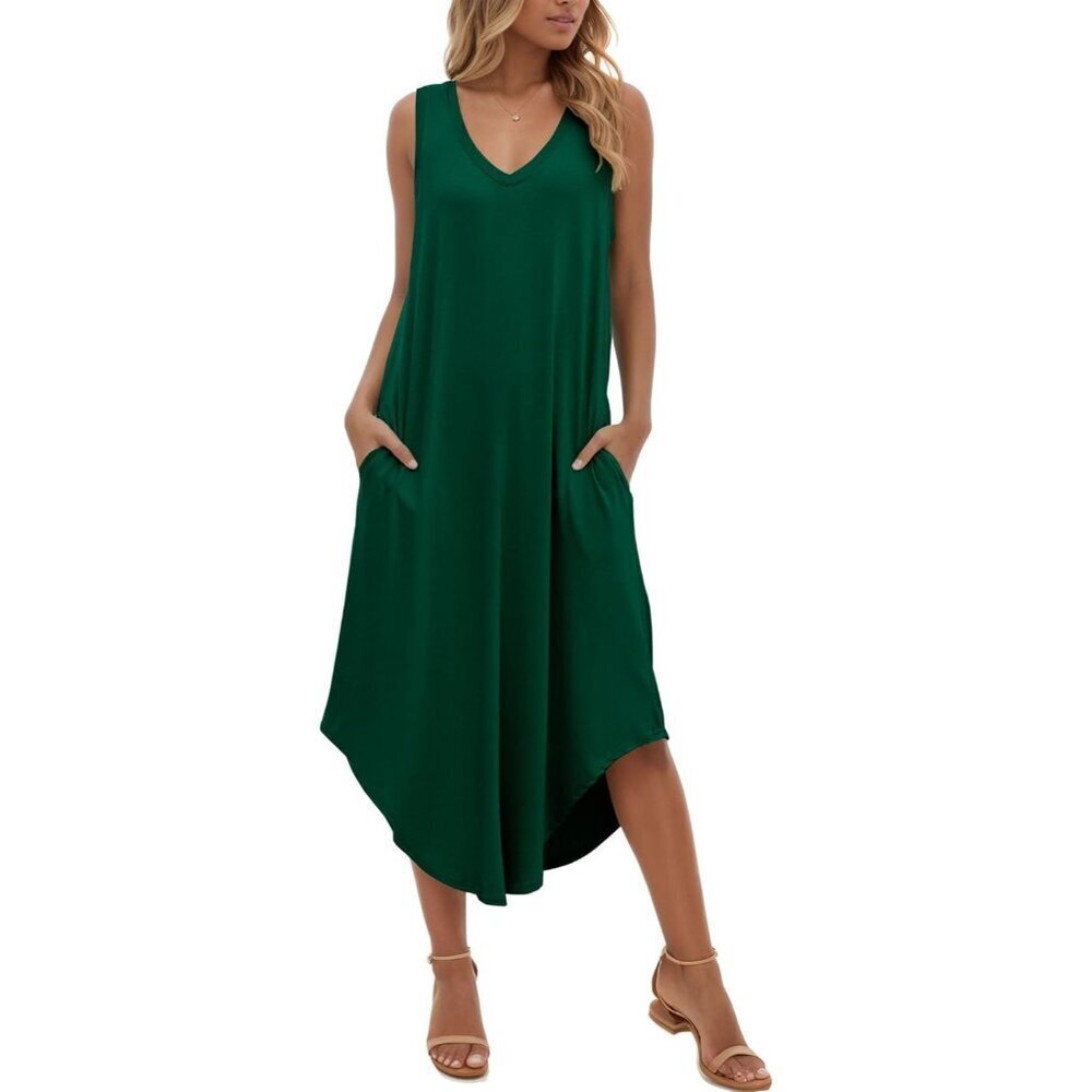 Women's Summer Maxi Dress Sleeveless V Neck Pockets Loose Beach Casual